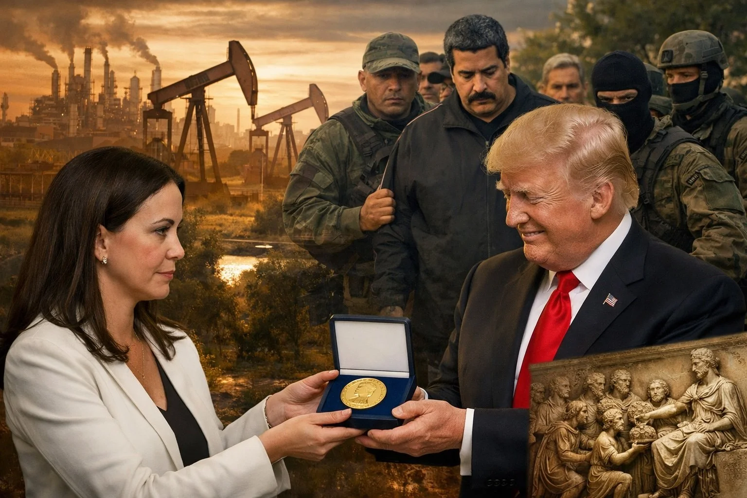 An image of Donald Trump with the Nobel Prize medal given by   María Corina Machado