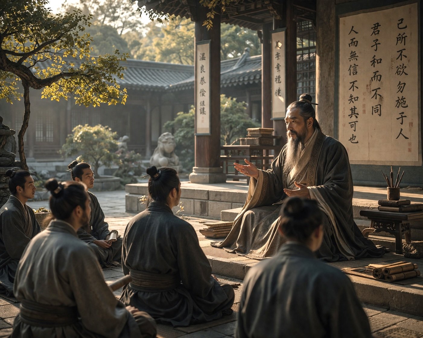 Chinese philosopher Confucius teaching a group of students