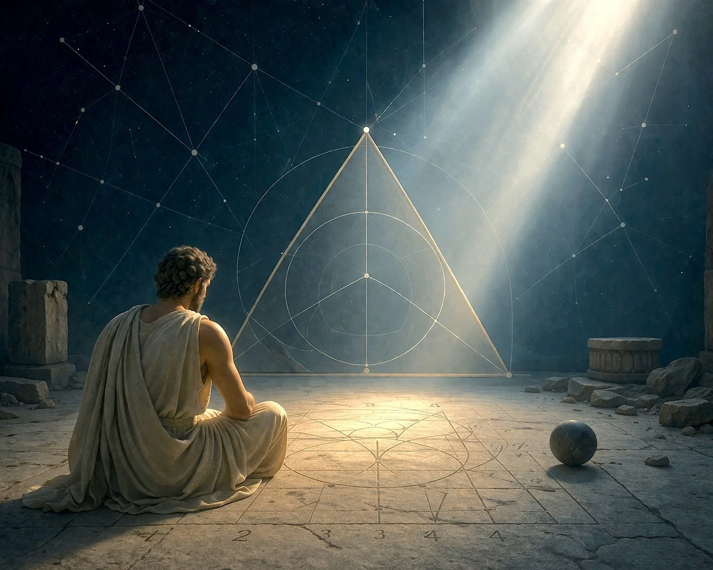 Pythagoras seated observing a triangle