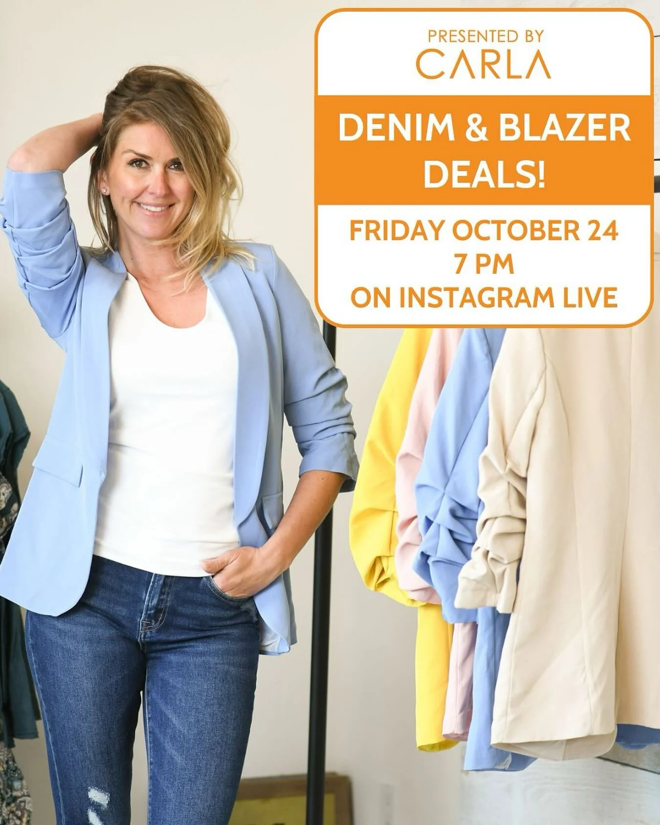 No show tomorrow night as I am shipping your Holland 🇳🇱orders and getting ready for the pop up🧡but here's a heads up for our next Super fun show📺 Oct 24 7pm

Buy any pair of our fabulous denim and get a blazer for 1/2 price‼️ 

Choose from our ch