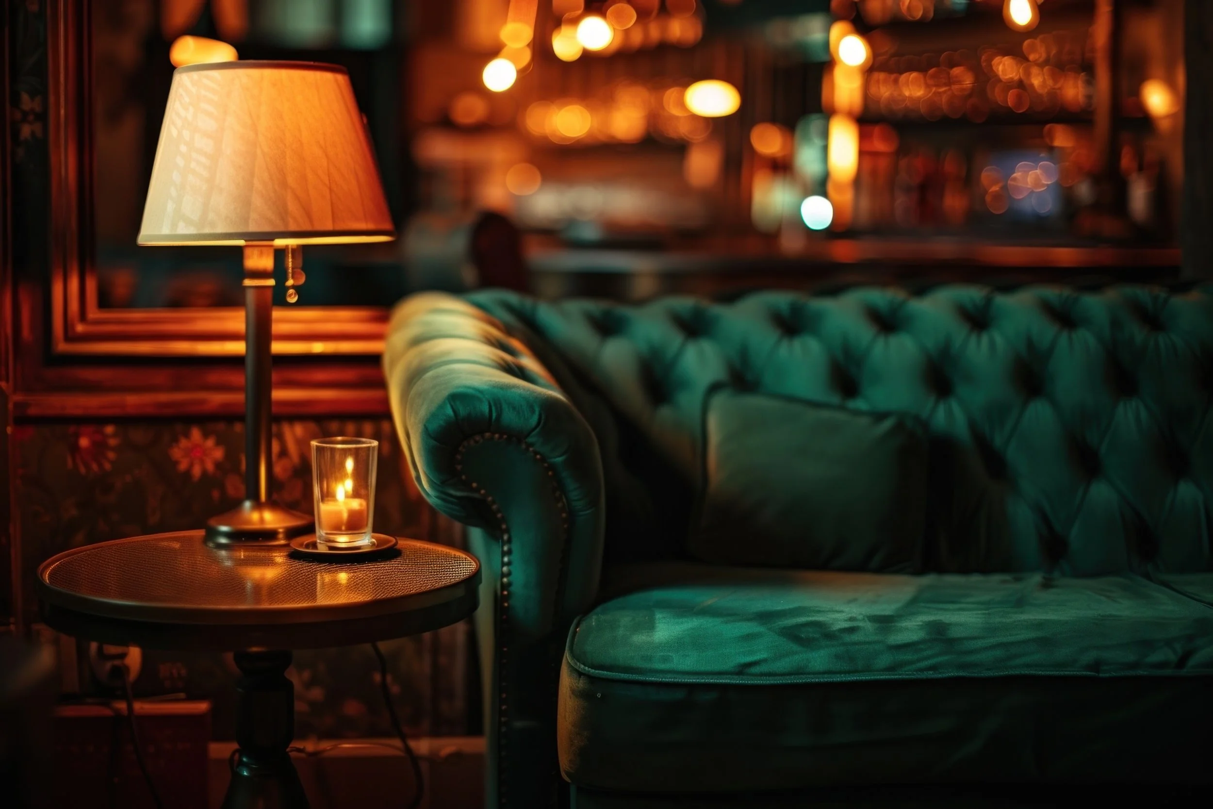 Stock image of comfortable seating represents the look of the Warehouse Speakeasy at The Apolonia-On-Main, available as an additional ready room