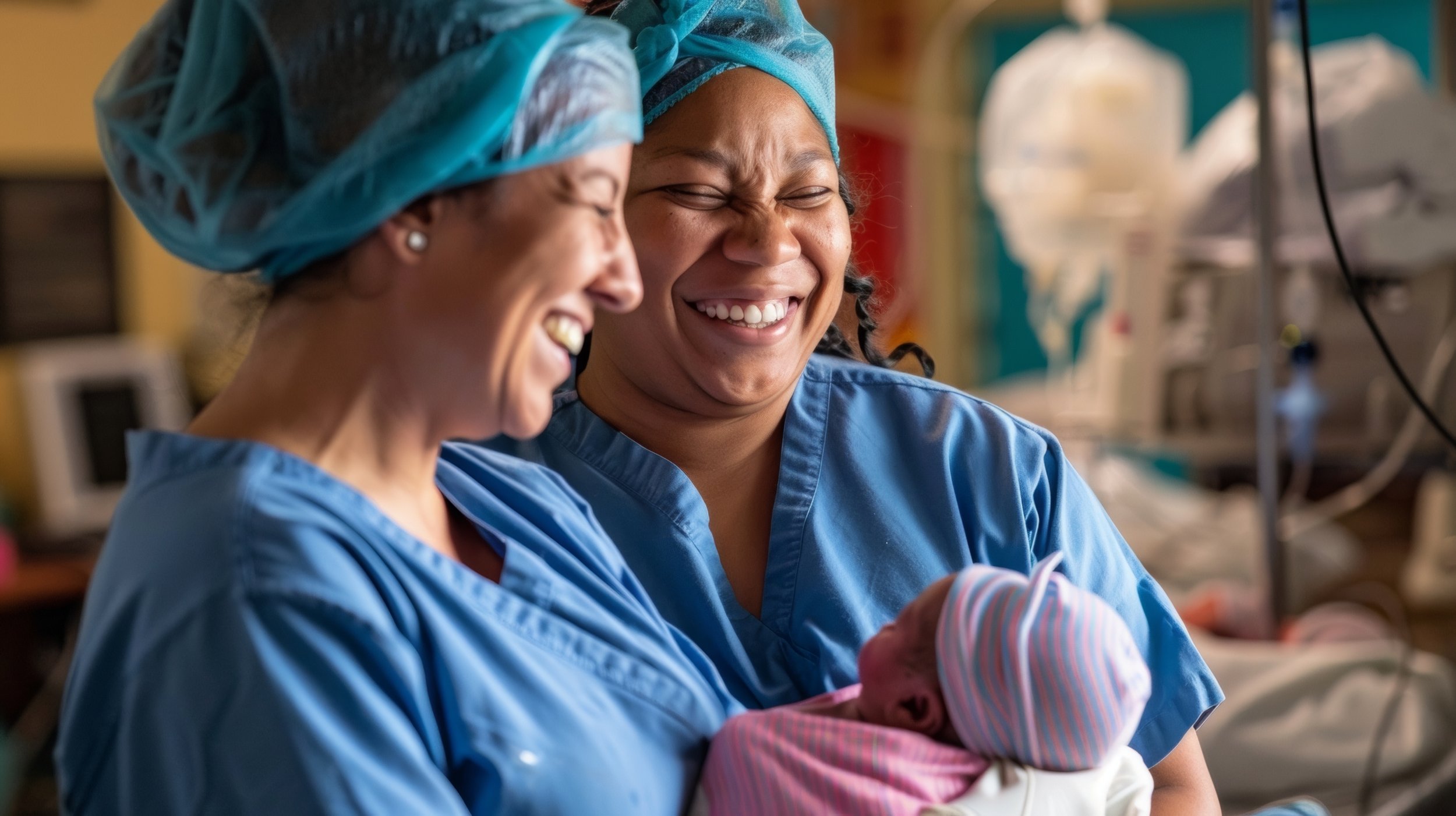 Two midwives in blue scrubs and caps smiling and holding a newborn baby in an hospital room.