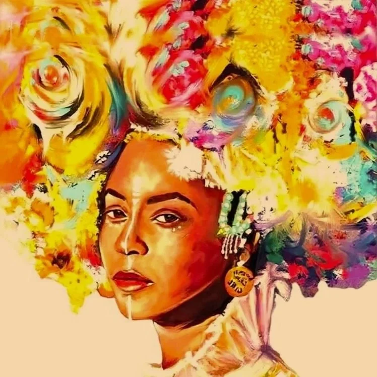 Painting of a woman with an elaborate, colorful hair arrangement made of abstract floral and swirl patterns, wearing jewelry and a serious expression.
