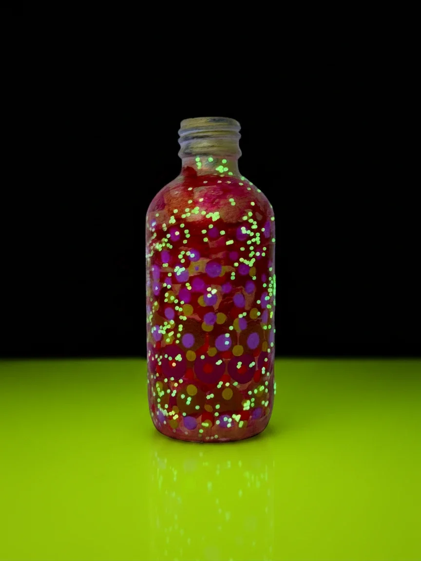 A small bottle with a cork missing, filled with glowing colorful dots under a black background and a bright green surface reflection.