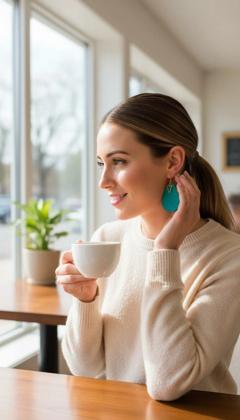 A woman with brown hair in a ponytail, wearing a beige sweater and teal earrings, sits at a wooden table holding a white mug near her mouth, smiling, with large windows and a potted plant in the background.