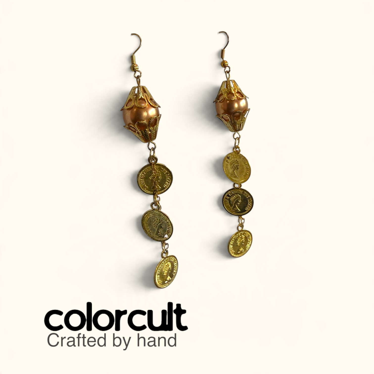 Golden Coin Cascade & Terracotta Pearl Earrings (2).PNG