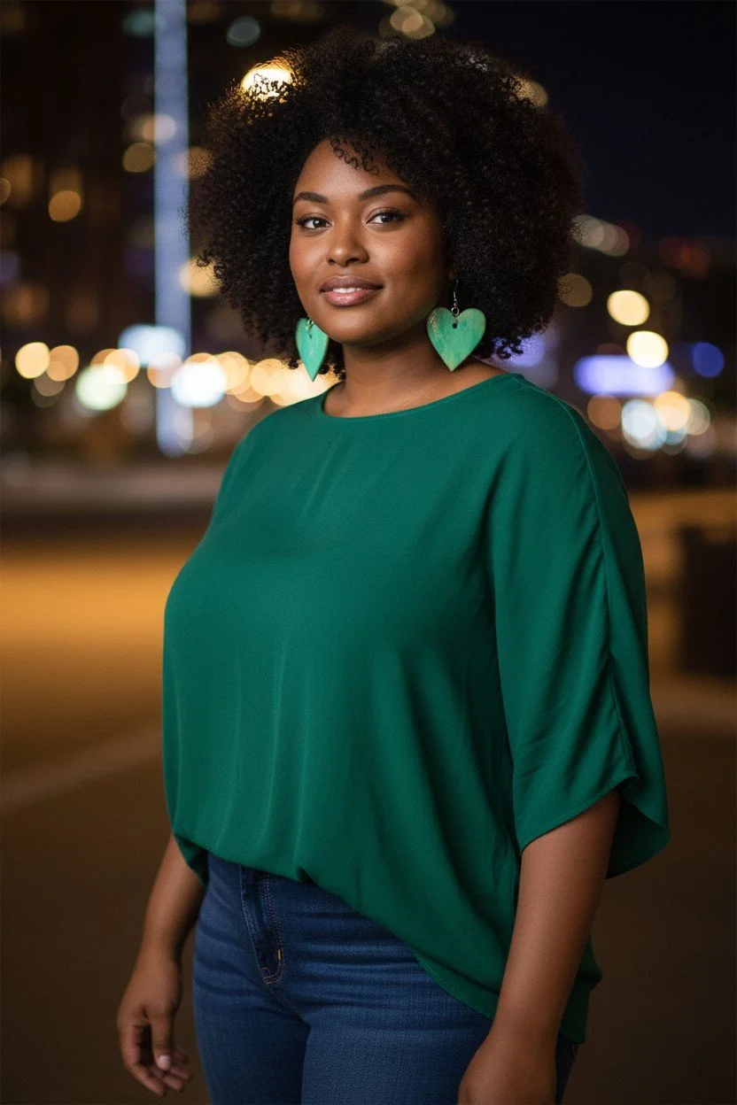 A woman with curly hair wearing a green top and large green heart-shaped earrings, standing outdoors at night with blurred city lights in the background.