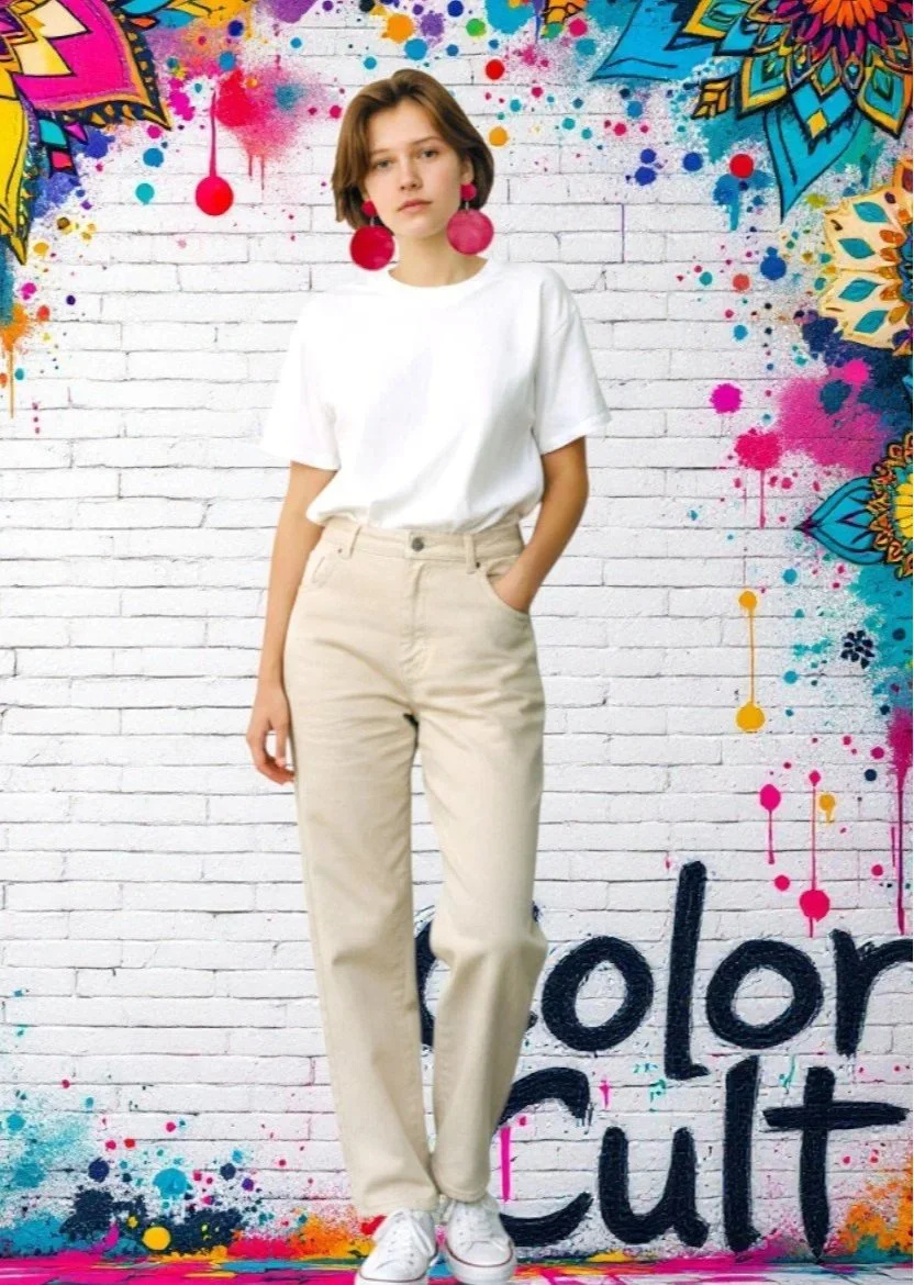 A young woman with short brown hair stands against a colorful, graffiti-style painted brick wall. She is wearing a white t-shirt, beige pants, and white sneakers. She has large, round, pink earrings and is looking directly at the camera with a neutra