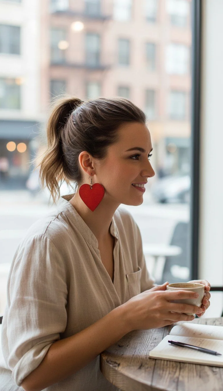 A young woman sitting at a wooden table in a cafe, smiling, holding a ceramic cup, with a notebook and pen in front of her. She wears large red heart-shaped earrings and a beige blouse, with a window and city buildings in the background.