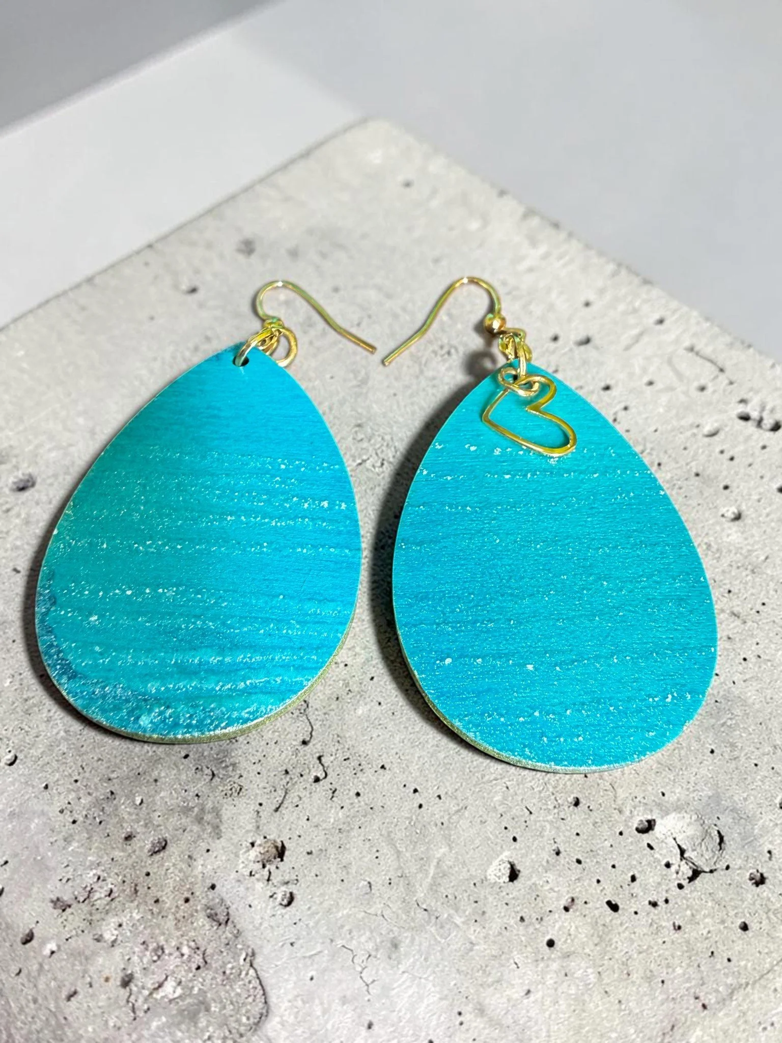 Aqua Heart of Gold Embossed Teardrop Earrings by Color Cult