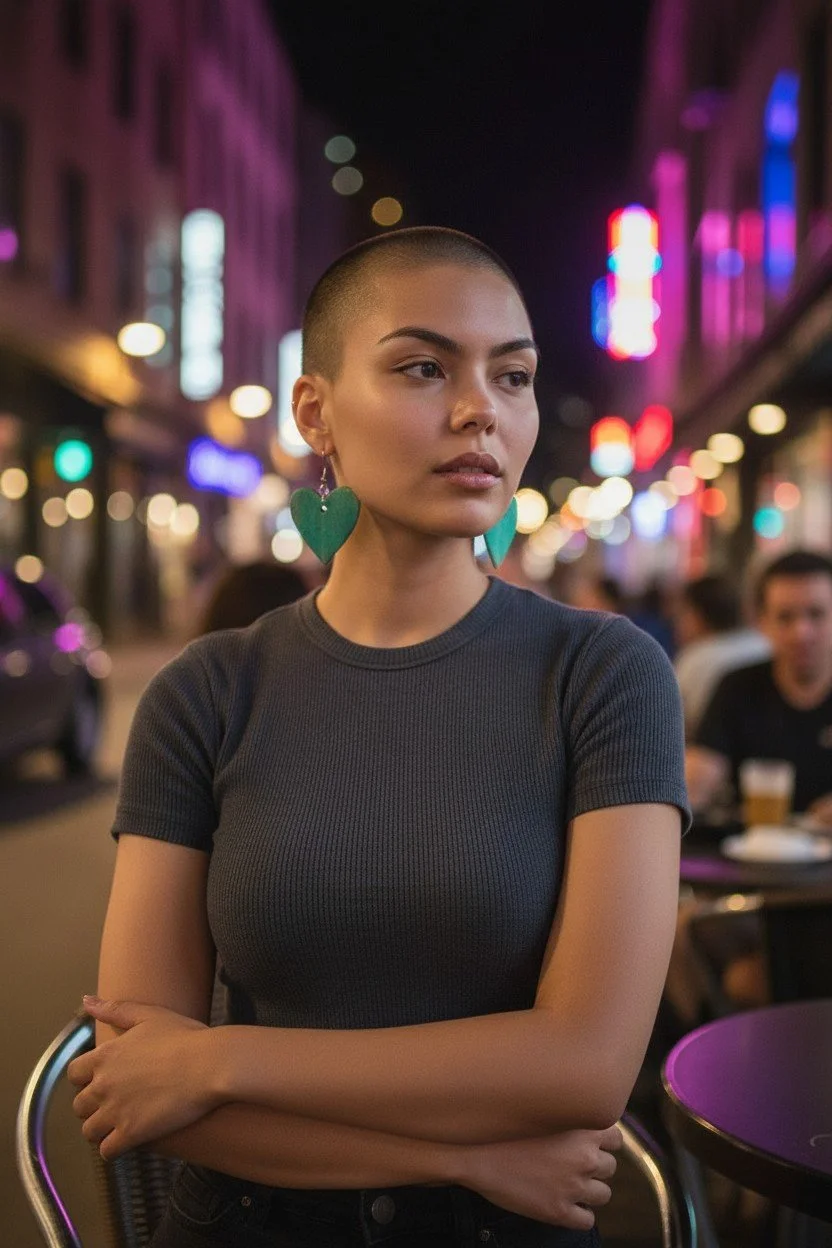 A woman with a shaved head wearing a black ribbed shirt and green heart-shaped earrings stands with crossed arms on a city street at night, illuminated by colorful neon lights with some people dining in the background.