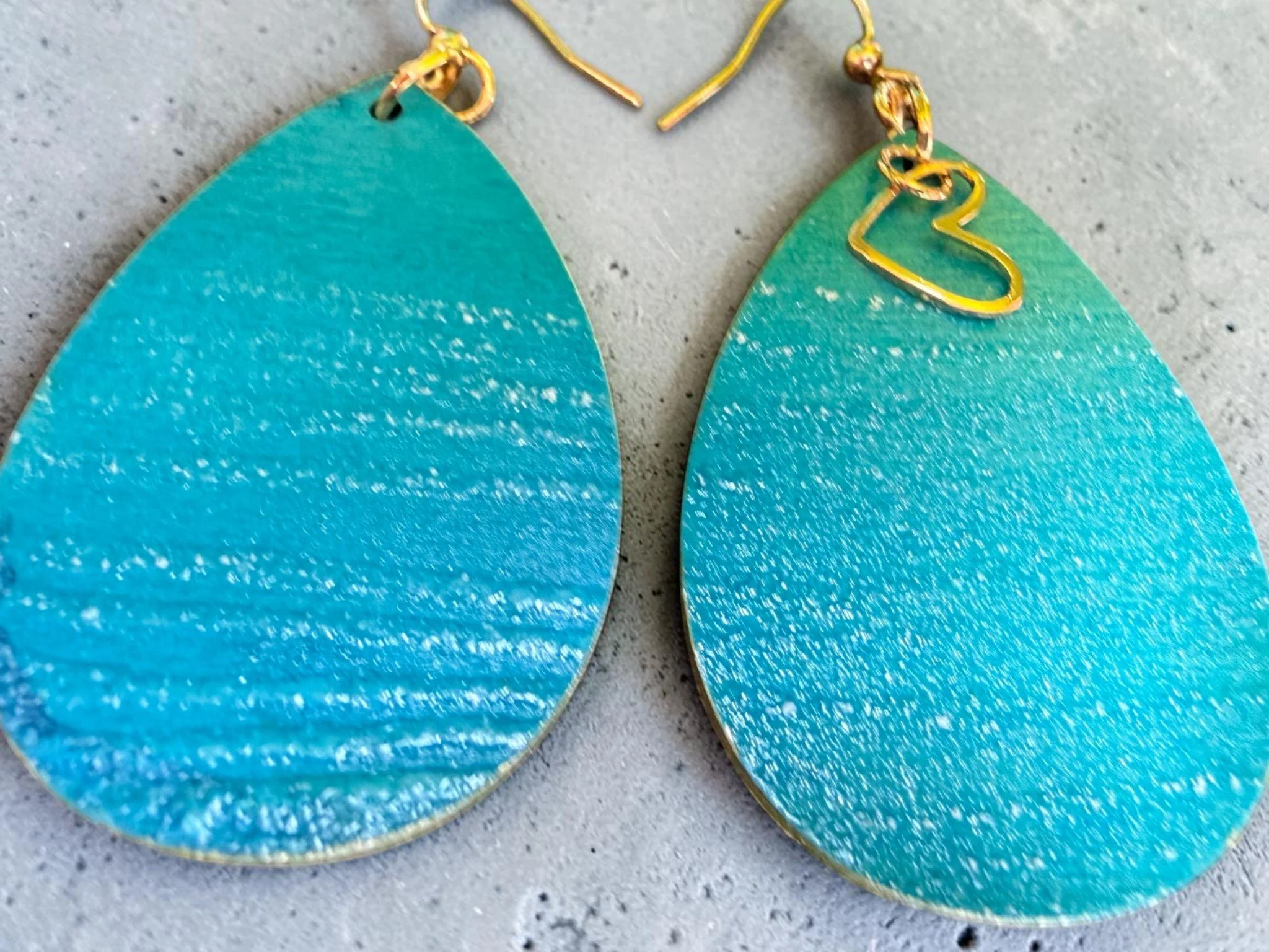 Aqua Heart of Gold Embossed Teardrop Earrings by Color Cult