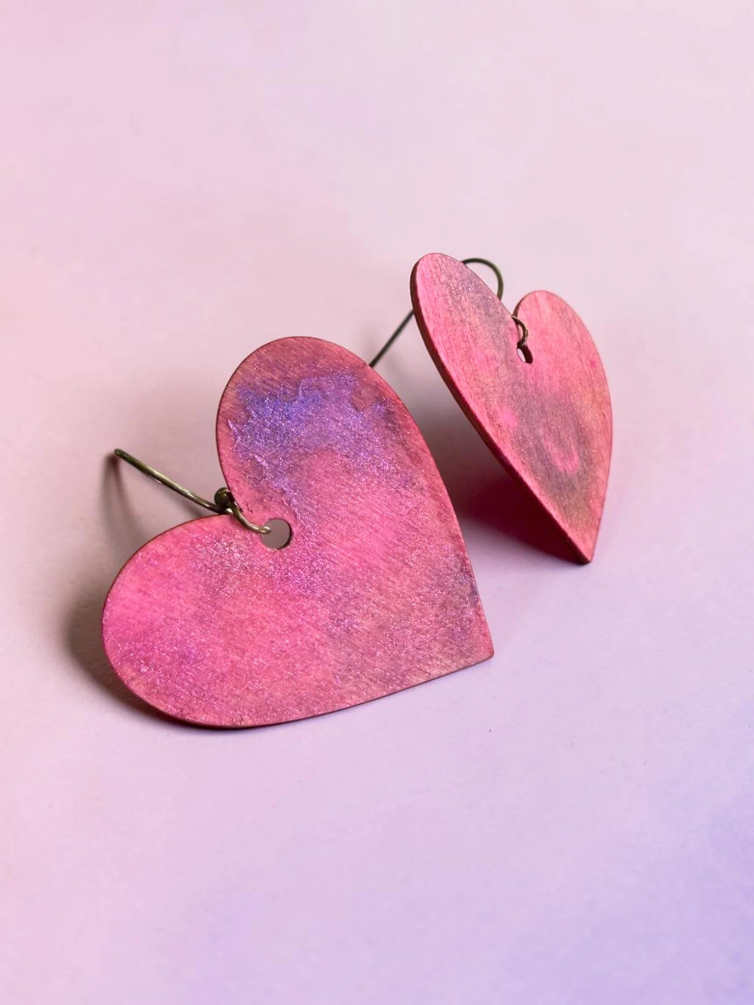 Pink Lavender Splash Rustic Heart Earrings