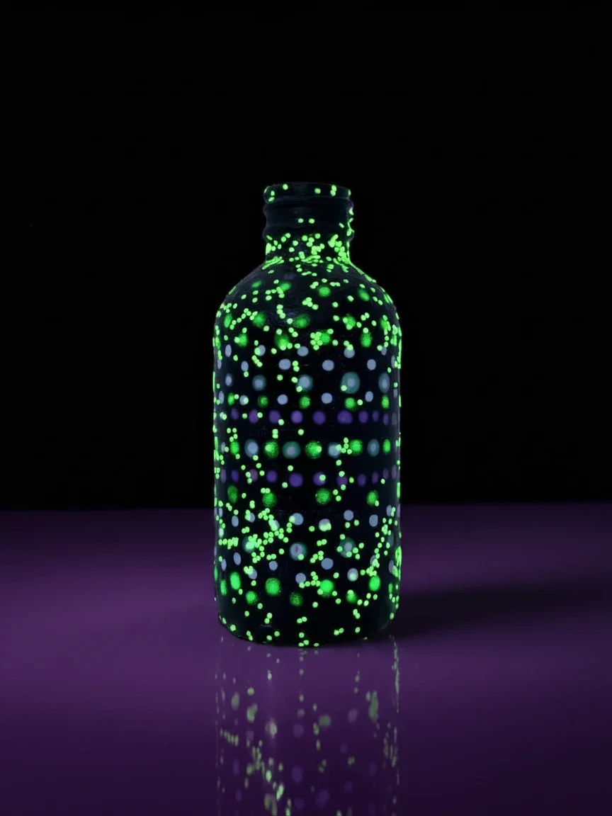 A glass bottle with glow-in-the-dark dots emitting green and purple light against a black background.