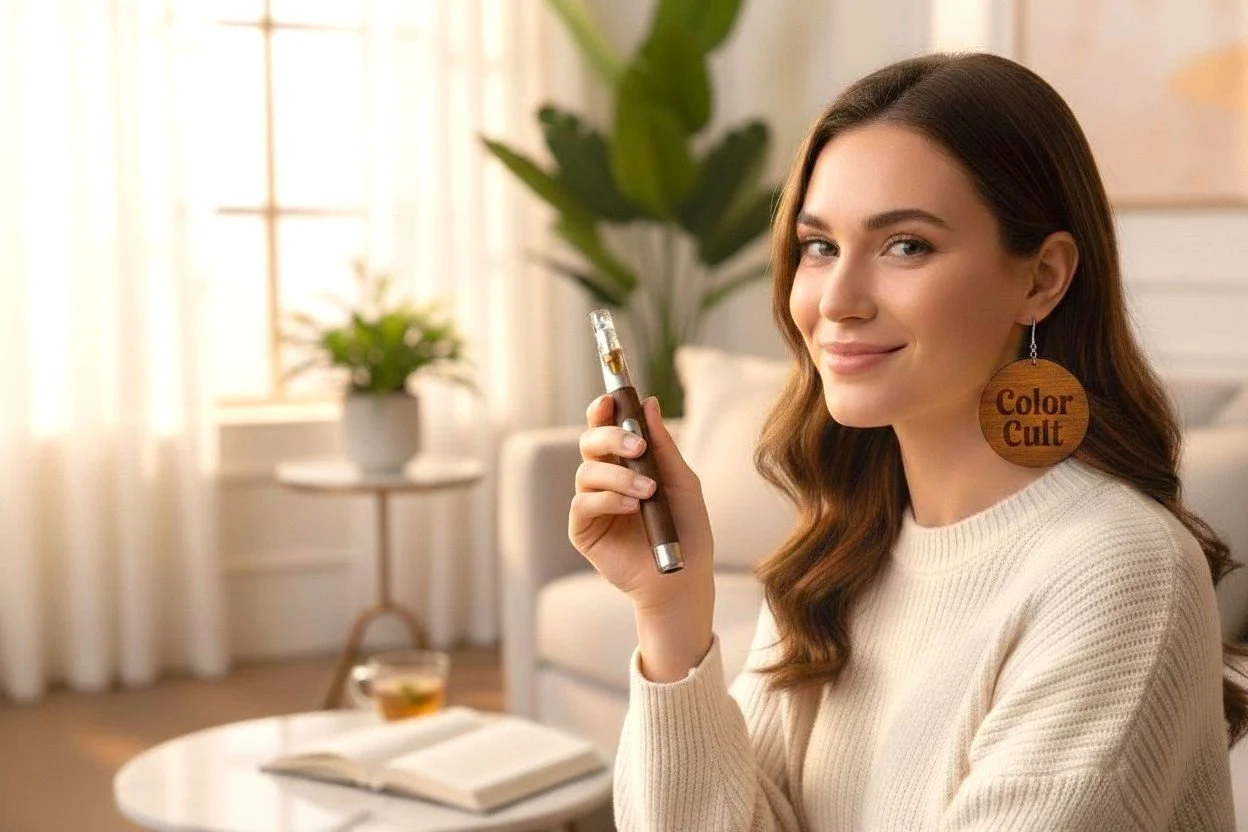 A young woman with long brown hair, wearing a beige sweater and large wooden earrings that say 'Color Cult', sitting in a bright living room with sunlight coming through curtains, holding a vape pen, with a book and a glass of tea on the table beside her.