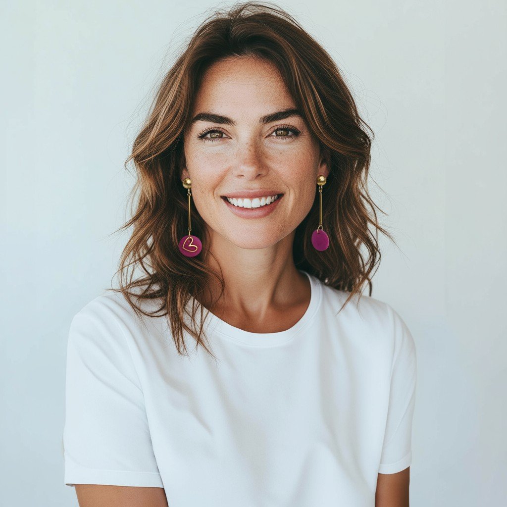A woman with shoulder-length wavy brown hair, wearing a white t-shirt and purple earrings with gold accents, smiling at the camera against a plain light background.
