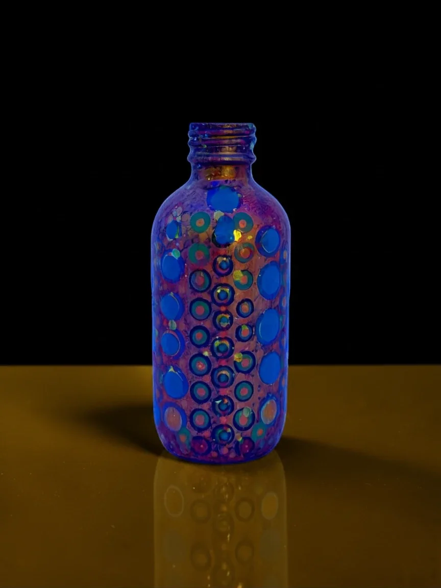 Colorful glass bottle with circular patterns, placed on a yellow surface against a black background.