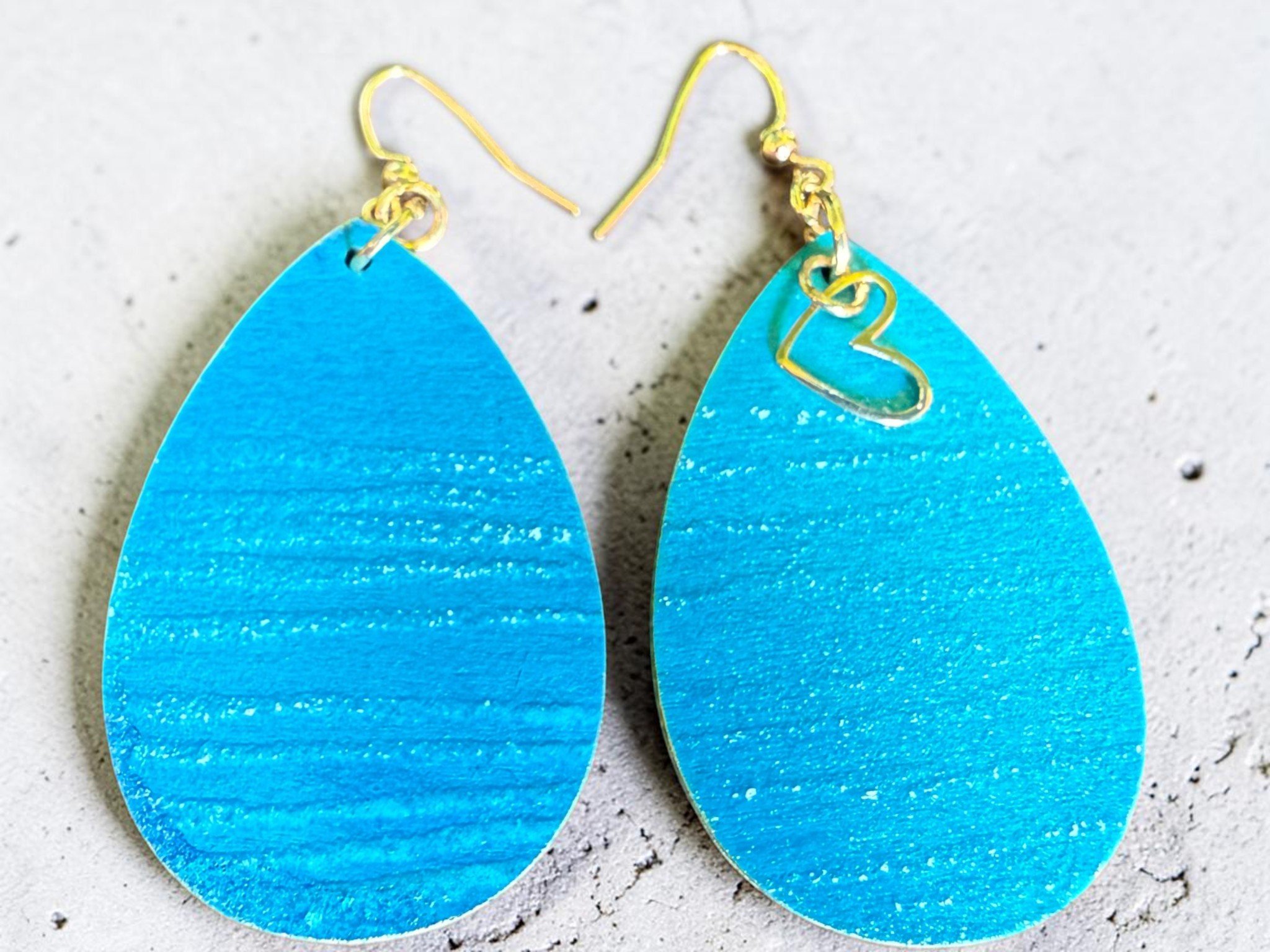 Aqua Heart of Gold Embossed Teardrop Earrings by Color Cult