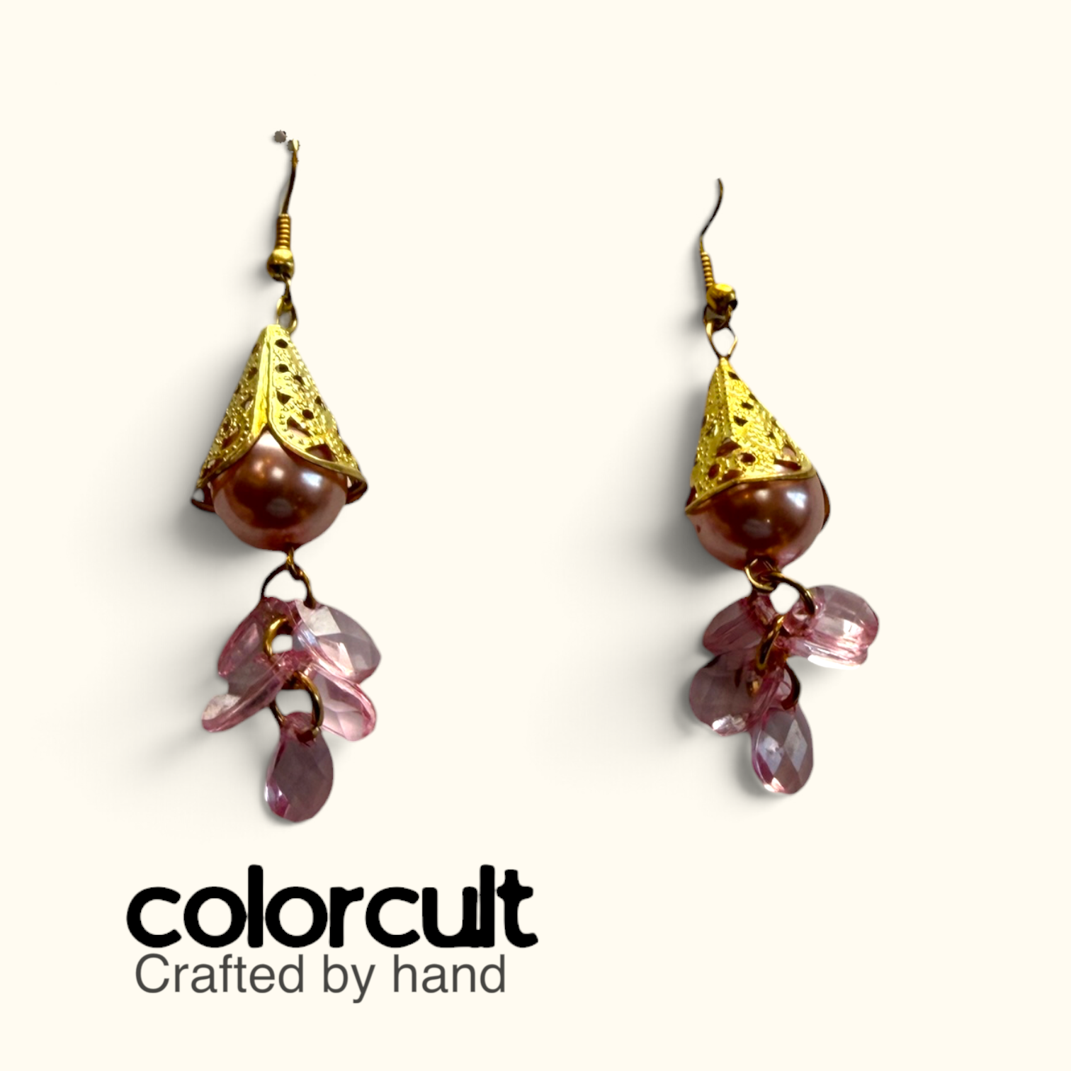 Gilded Mocha Pearl & Pink Petal Crystal Dangles