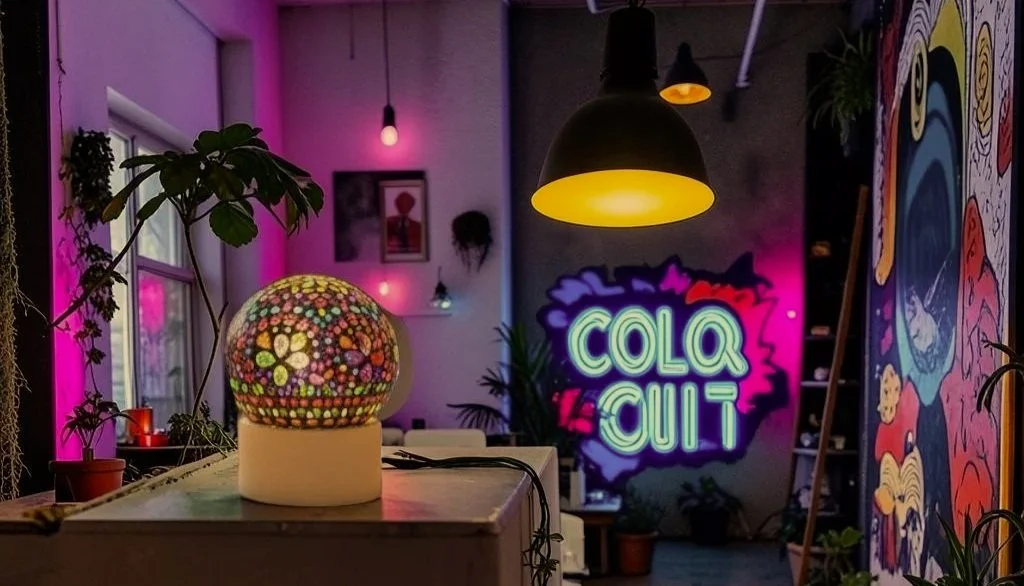 Interior of a colorful, modern space with neon signs, potted plants, and vibrant wall art, illuminated by various colorful lights and a mosaic lamp.