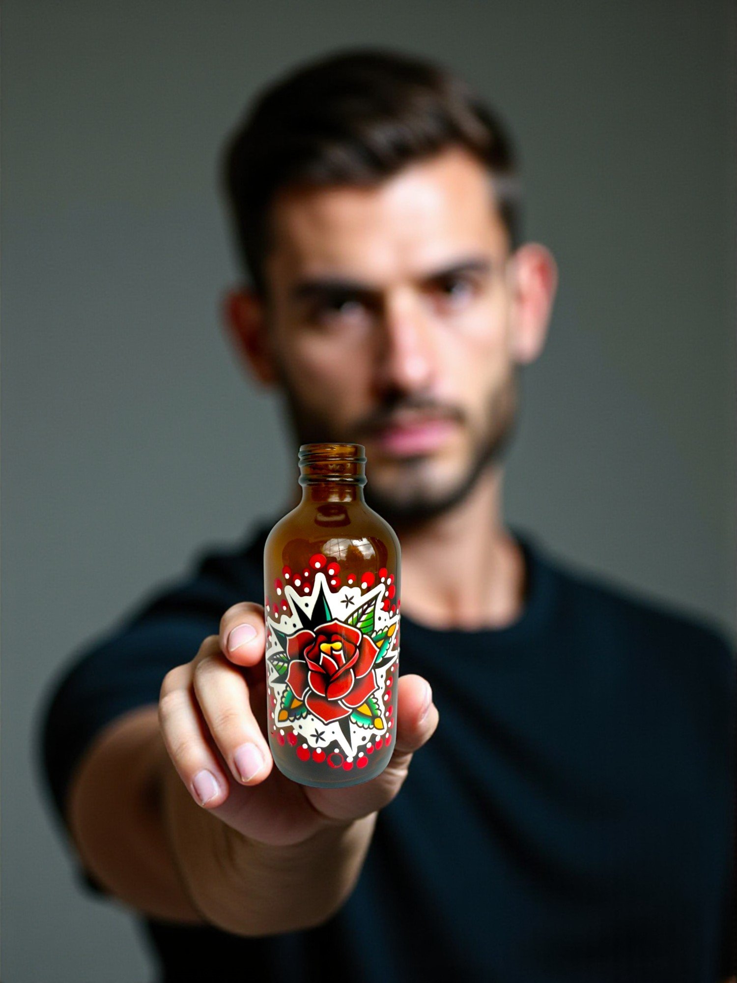 A man holding a small brown bottle with a colorful tattoo-style flower and star design, focused on the bottle with blurred background.