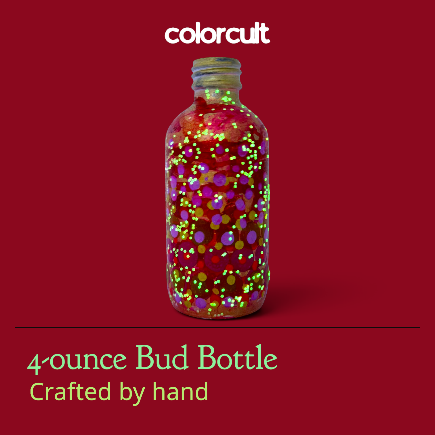 A red background advertising a 4-ounce bud bottle that is crafted by hand, featuring a colorful bottle with glowing dots and the logo 'colorcut' at the top.