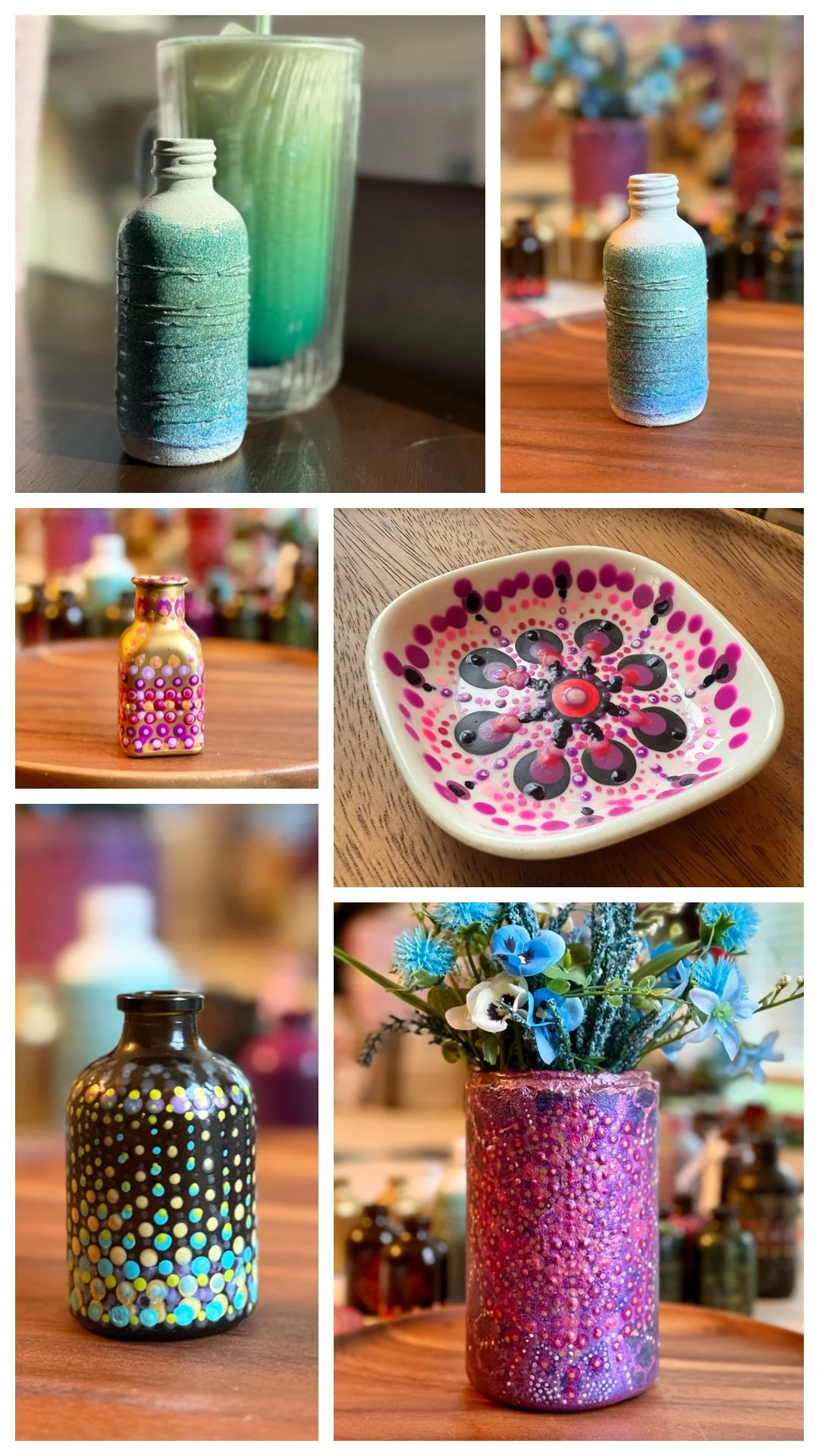 Various colorful decorative vases and bottles, some with painted or dotted designs, and a decorative dish with pink, black, and purple patterns, all displayed on wooden surfaces.