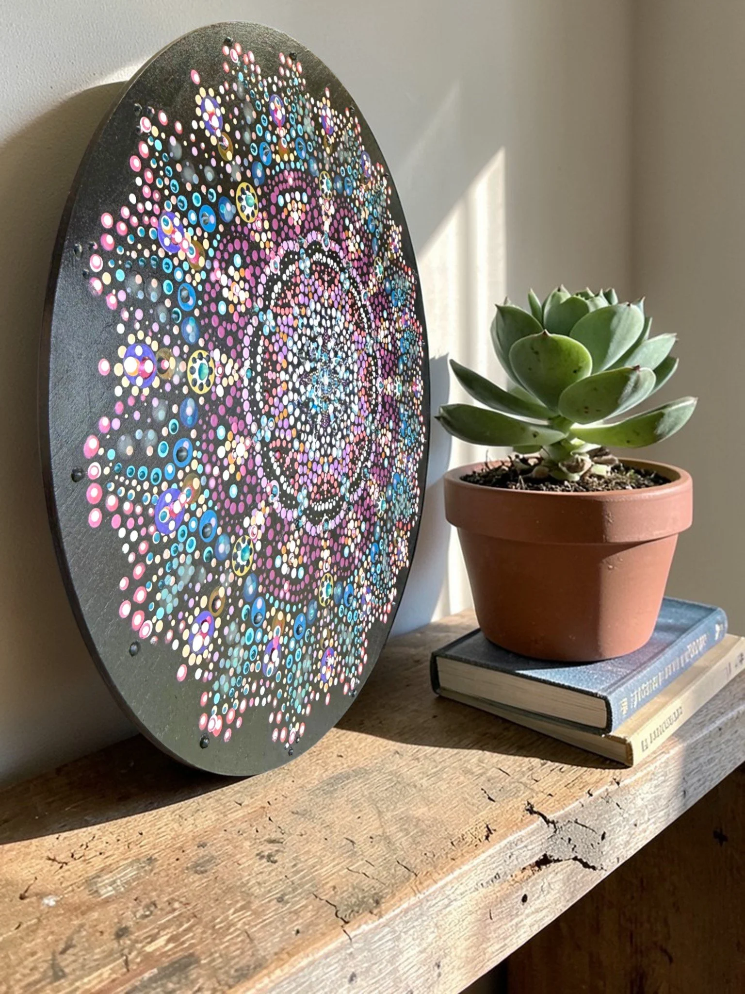 UV Reactive Mandala art with blue and purple glowing dots and circles, text 'Color Cult' in neon yellow font at the bottom, decorative gold frame outline.