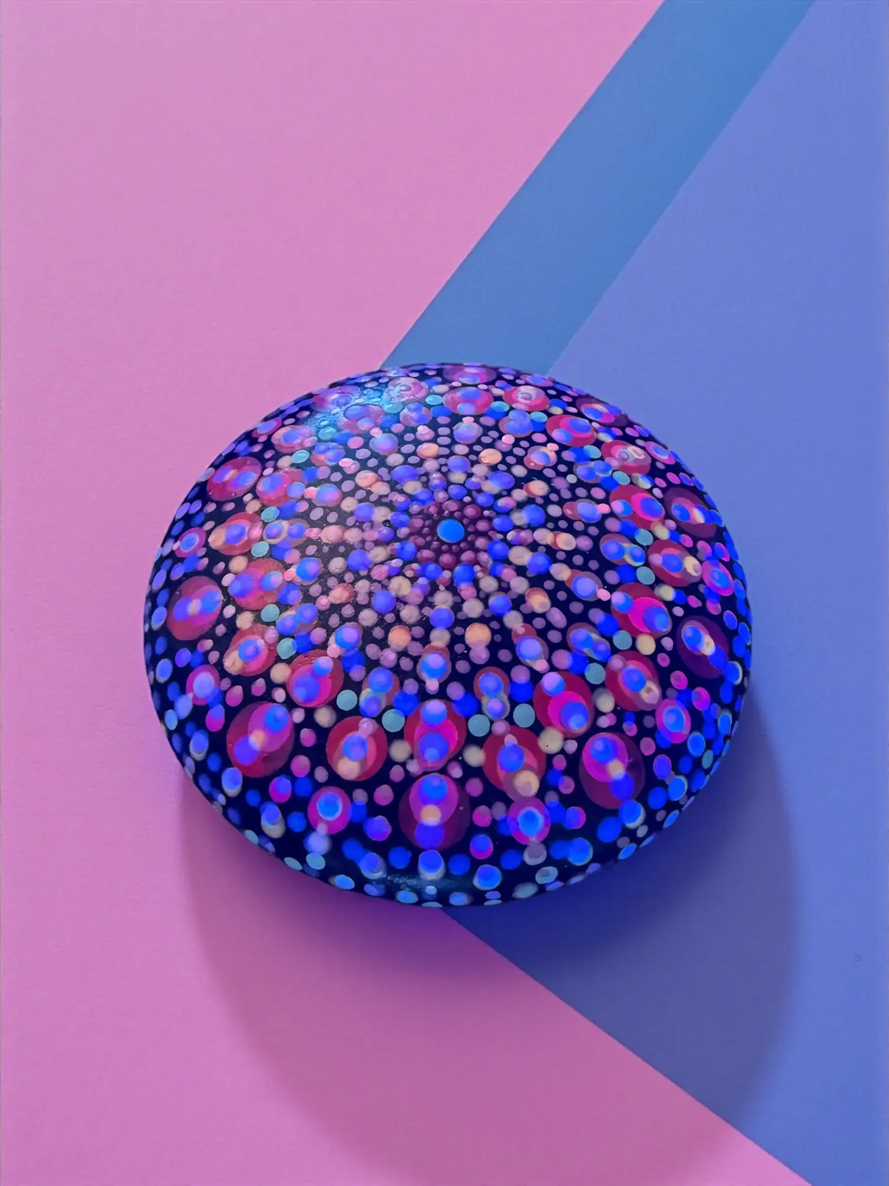 Large mandala stone by Color Cult featuring glow in the dark elements.