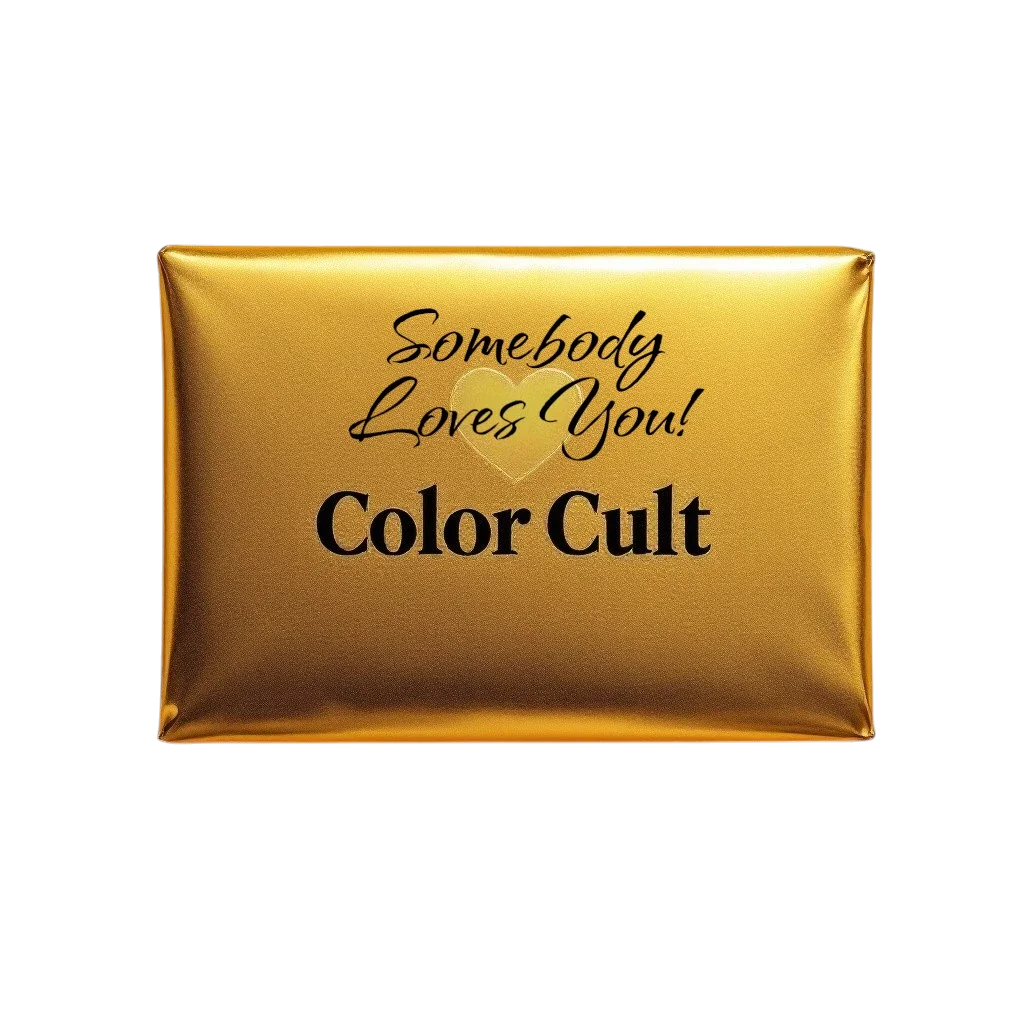 Gold-colored package with the text "Somebody Loves You! Color Cult" and a heart design.