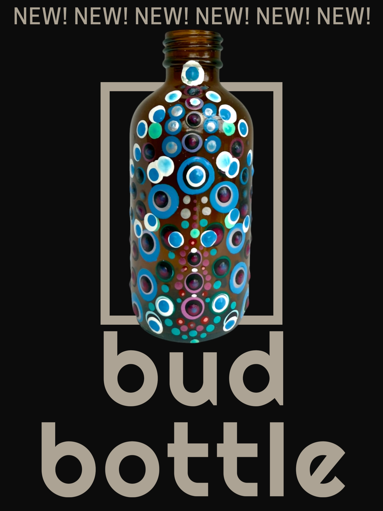 A decorative brown glass bottle with colorful circular patterns in blue, white, green, purple, and red. The bottle is set against a black background with the words 'NEW! NEW! NEW!...' at the top and 'bottle' at the bottom in large gray letters.