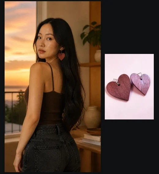 Mina wearing Earthy Red Rustic Heart Earrings.webp