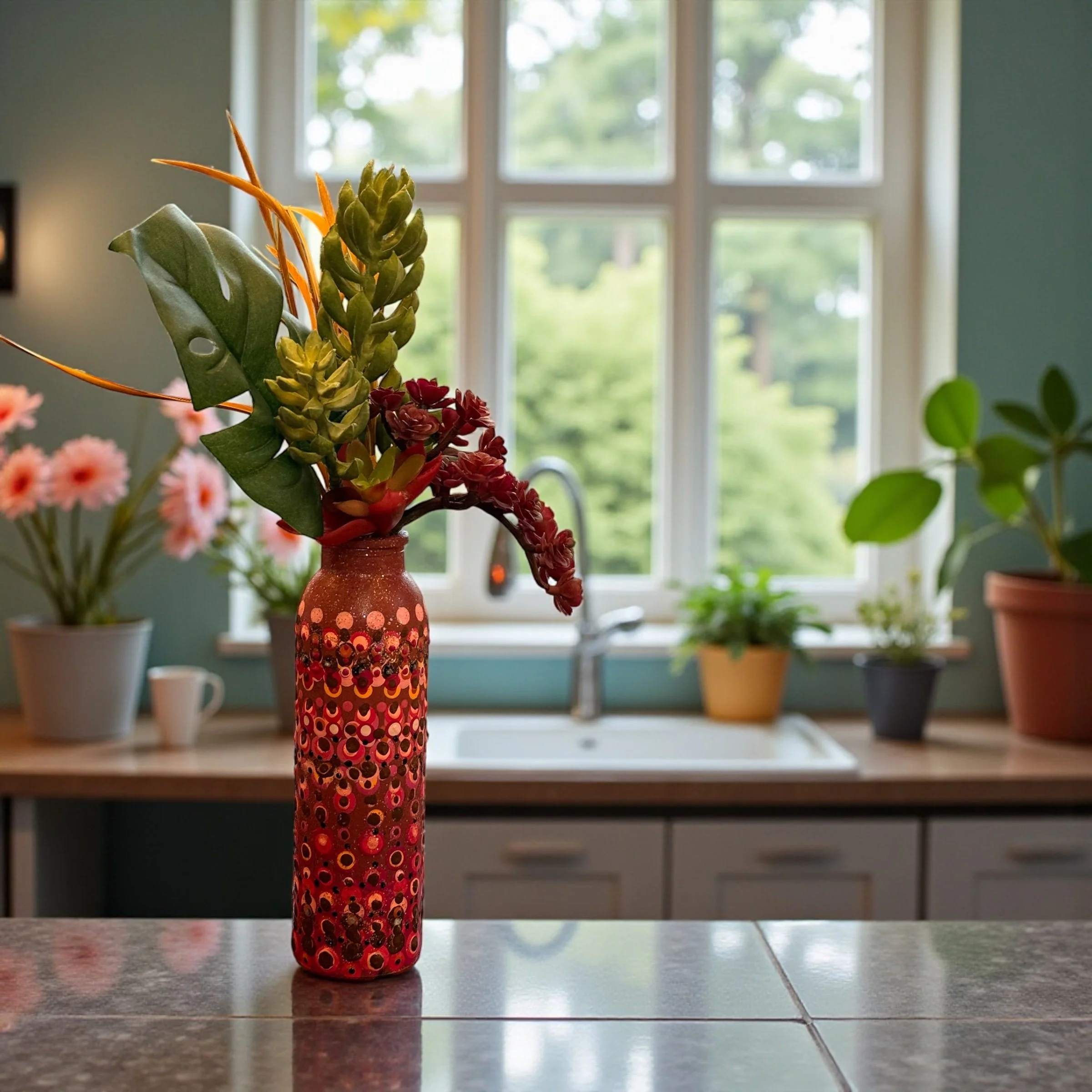 Colorful artificial floral arrangement with blue and yellow flowers in a decorated pink and purple textured vase against a light blue background.