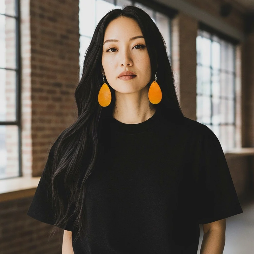 A woman with long black hair wearing large orange earrings and a black t-shirt standing indoors near large windows with brick walls in the background.