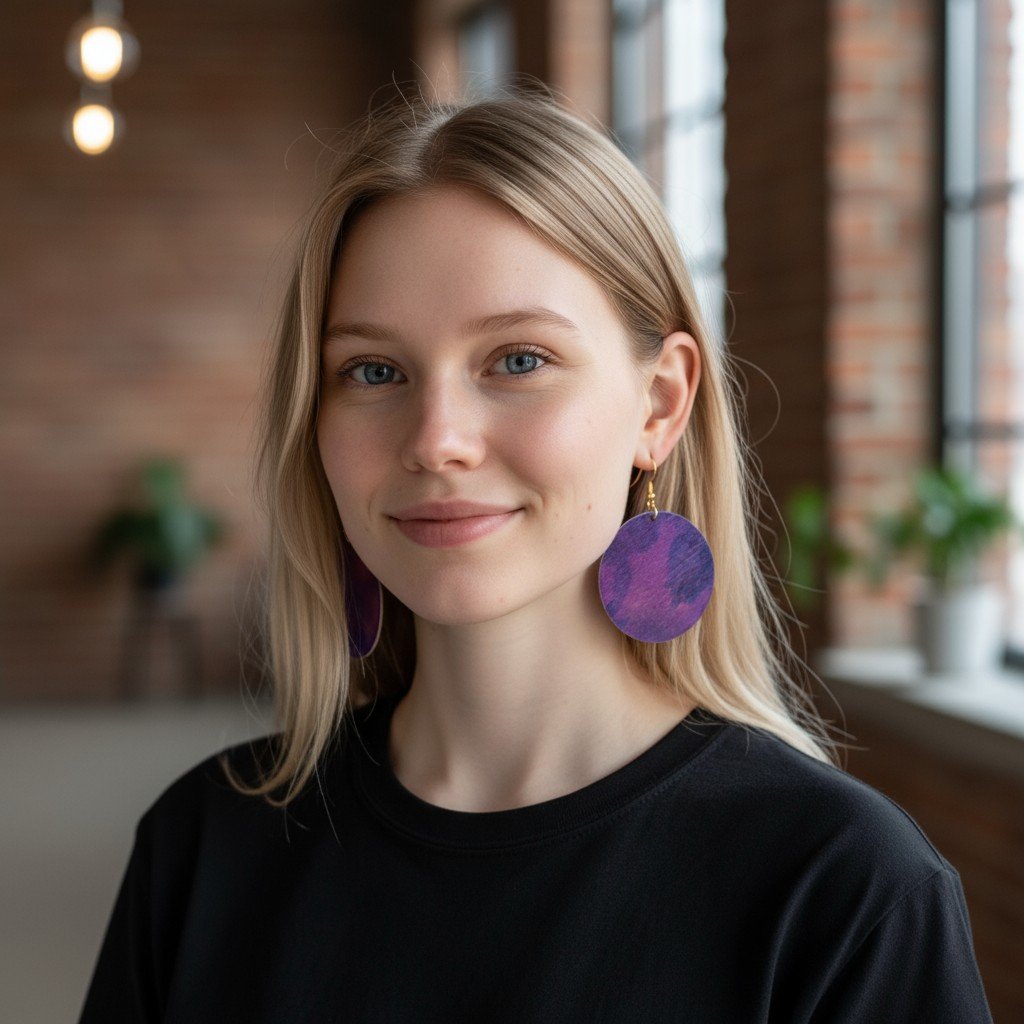 A young woman with blonde hair and blue eyes smiling, wearing large purple earrings and a black top, in a room with exposed brick walls and large windows.