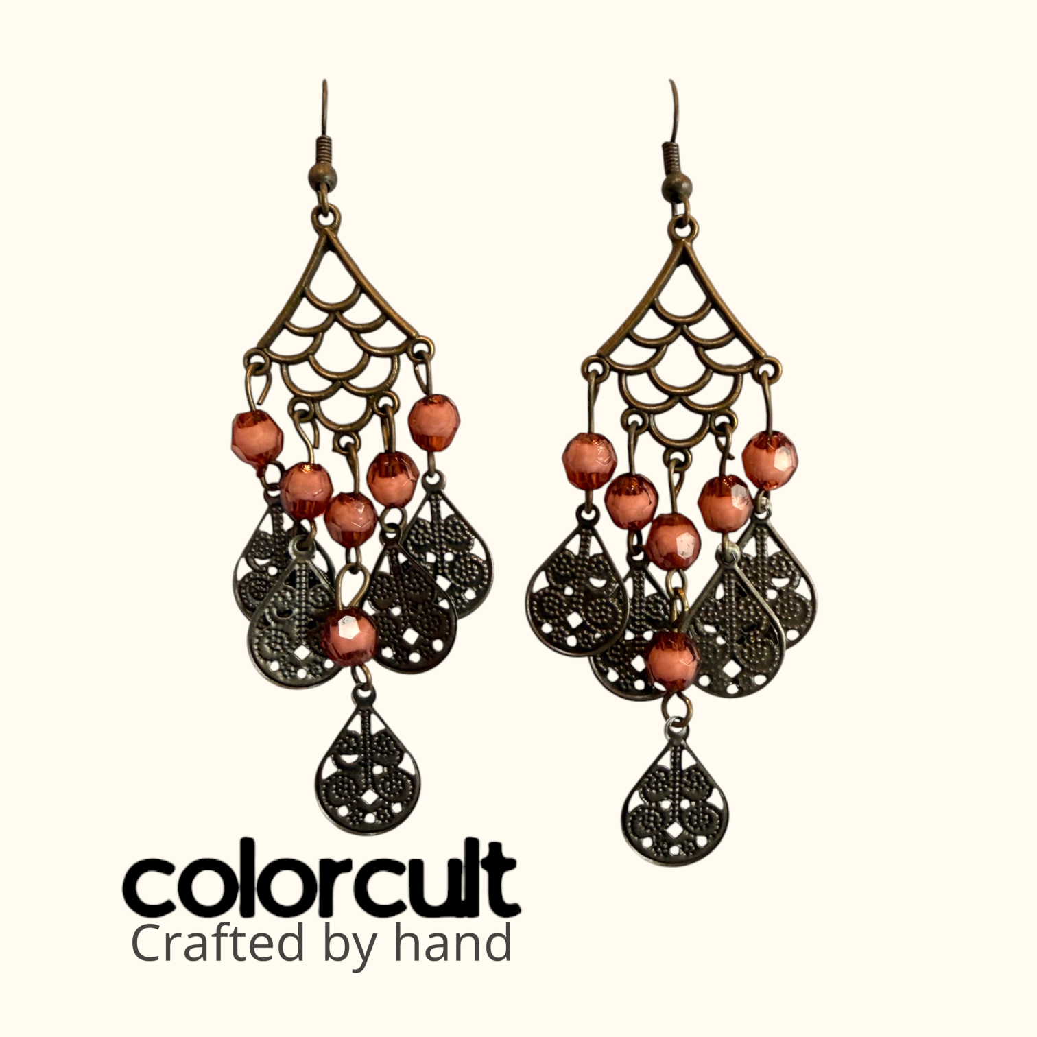 Terracotta Crystal & Lace Filigree Chandelier Earrings