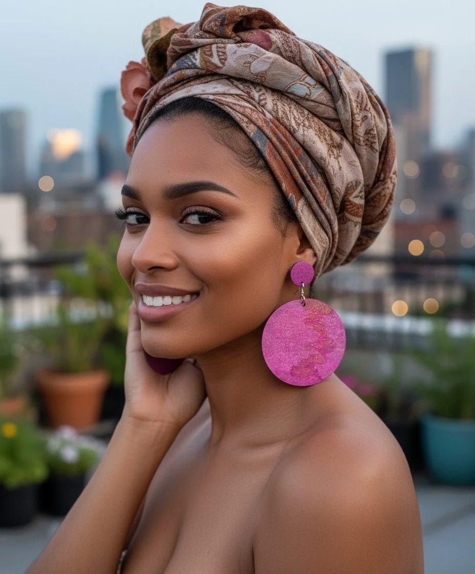 A woman with a headwrap and large pink earrings is smiling outdoors with a city skyline in the background.