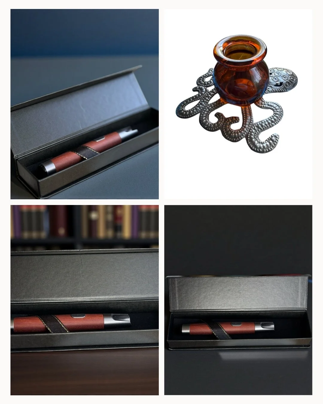 A pen in a black gift box, a small brown glass jar with a metallic octopus-shaped stand, a closed silver pen in a black box, and the pen in an open box deployed on a black surface.