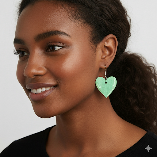 Close-up of a smiling woman with medium brown skin, wearing a large green heart-shaped earring and a black top, against a plain white background.