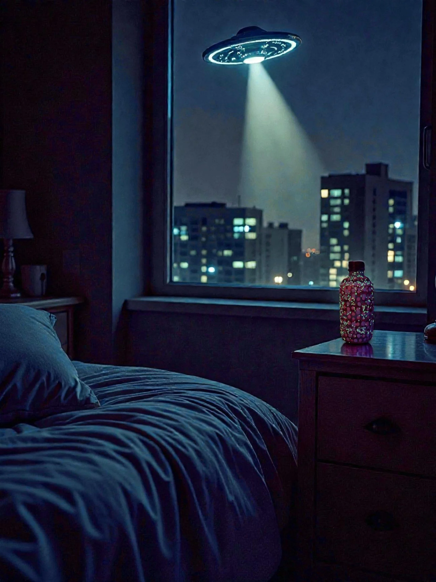 A bedroom at night with a large window showing city buildings with illuminated windows. A small lamp is on a bedside table, and a decorative water bottle with a floral pattern is on a table in the foreground.