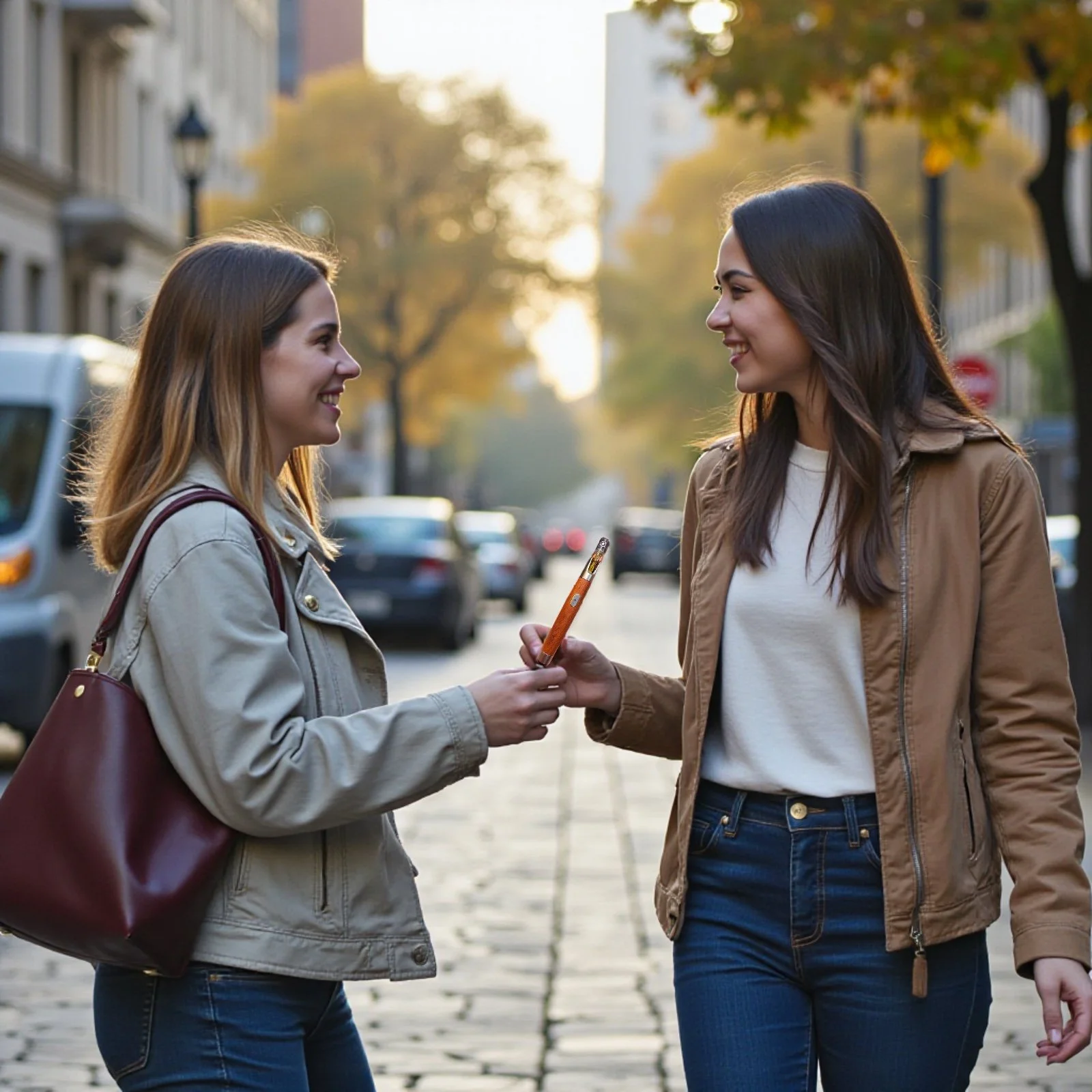 Two women standing on a city sidewalk, smiling at each other. One woman is handing the other a small object, possibly a phone or a wallet. The scene is set during fall with trees having yellow-orange leaves, and there are cars and buildings in the background.