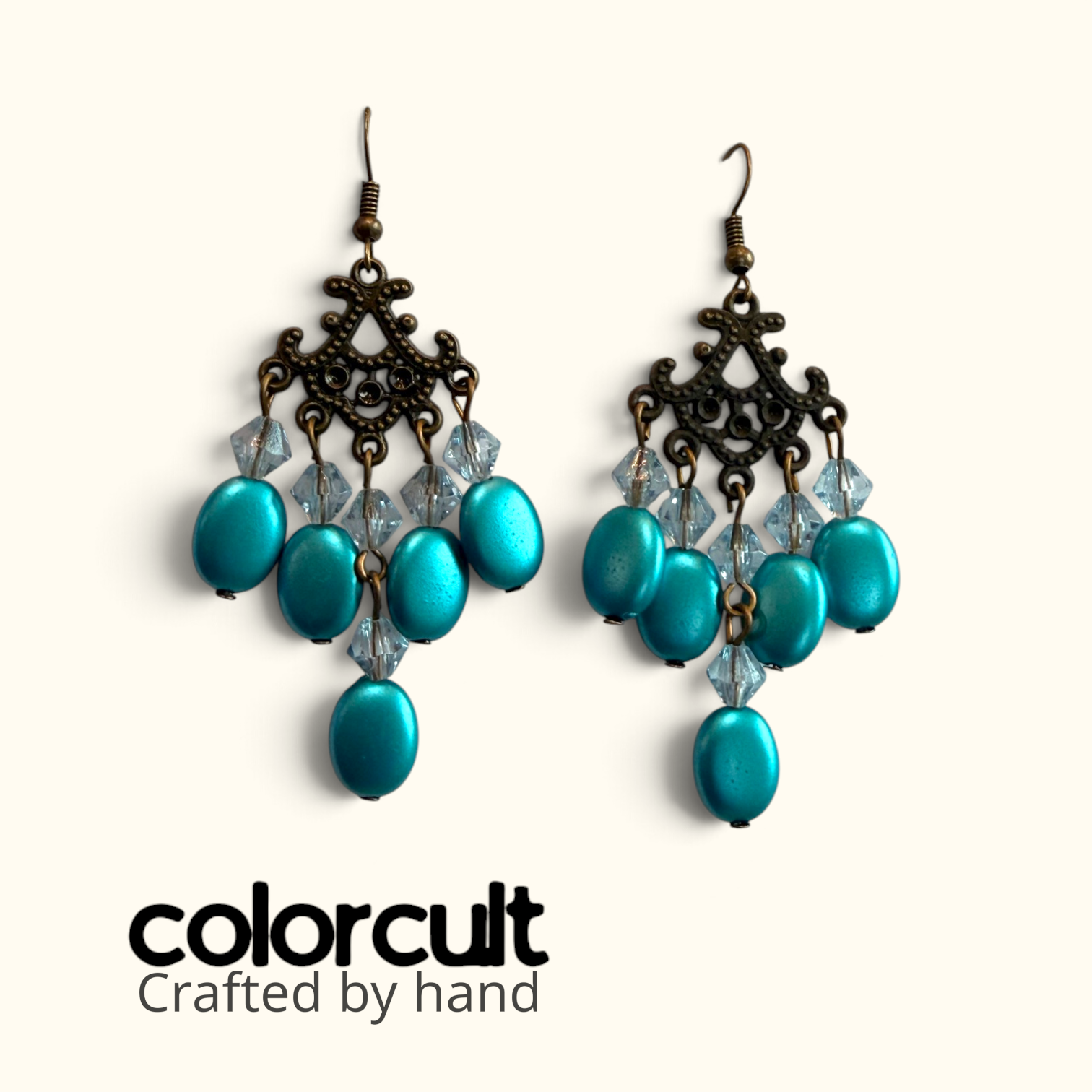 Teal Crystal & Oval Bead Chandelier Earrings