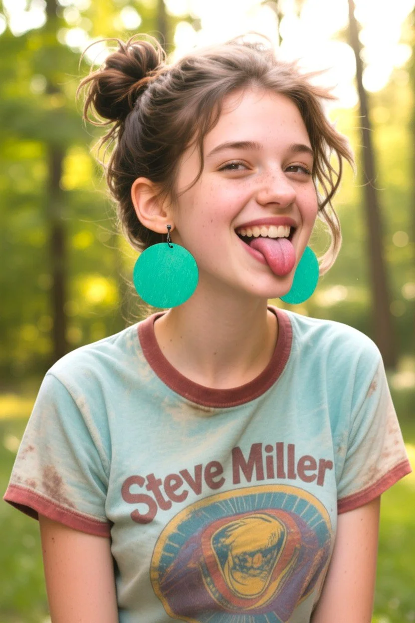 A young woman outdoors, sticking her tongue out and smiling, wearing large turquoise earrings and a Steve Miller Band t-shirt, with a background of trees and sunlight.