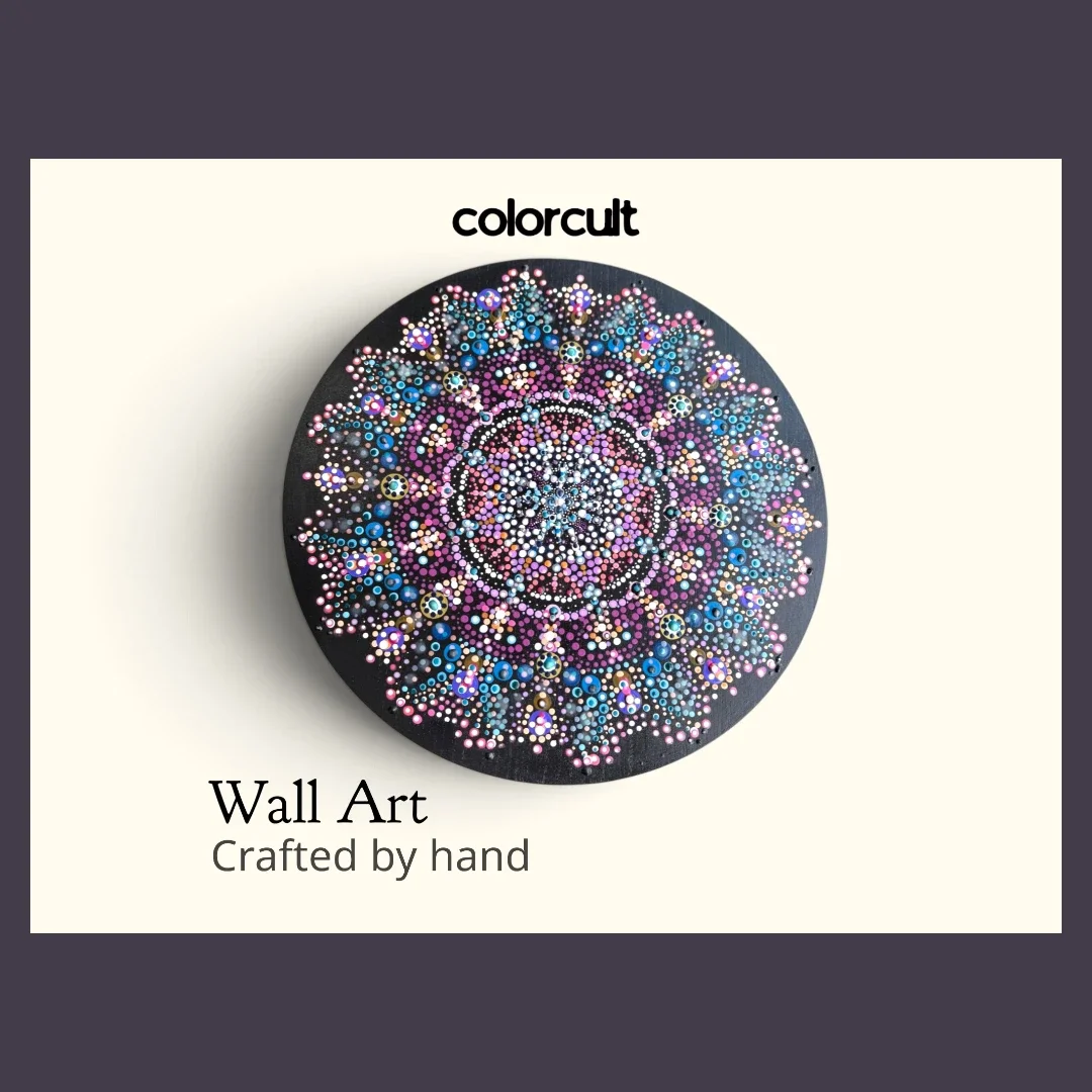 UV Reactive Mandala art with blue and purple dots and circles, text 'Color Cult' in black font at the top, and text at the bottom left that says "Wall Art" and "Crafted by hand" under that.