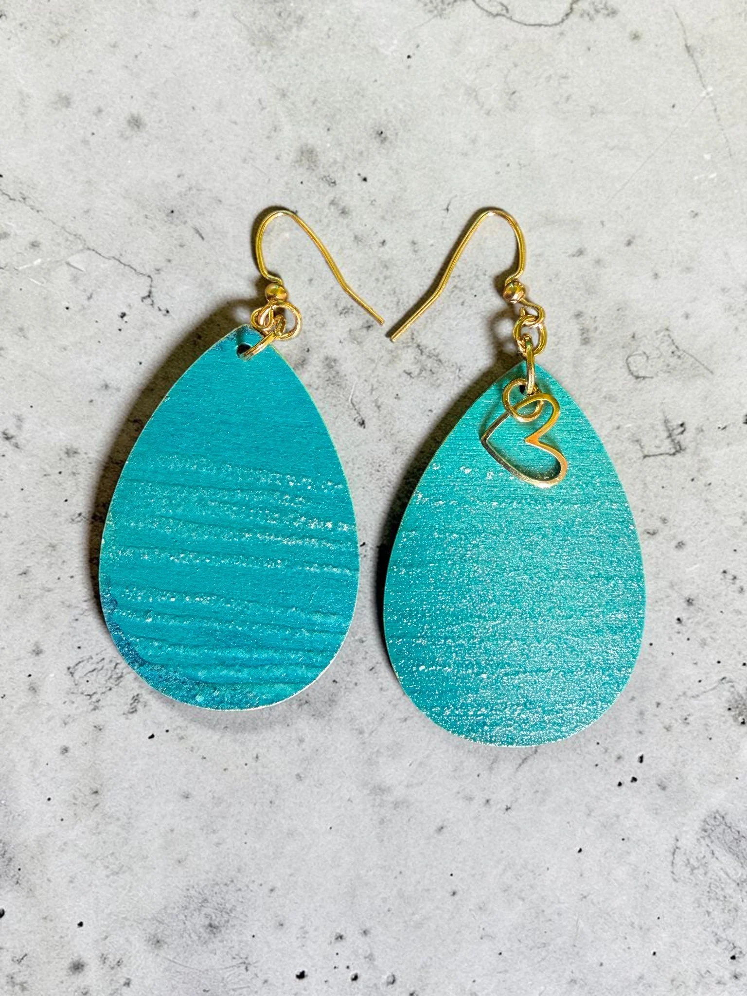 Aqua Heart of Gold Embossed Teardrop Earrings by Color Cult