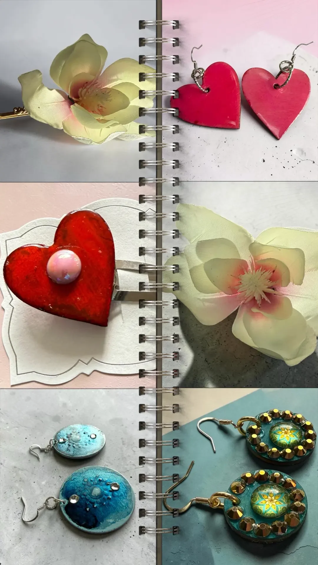 A collage of six images, each showcasing a pair of earrings or a hair clip by Color Cult.