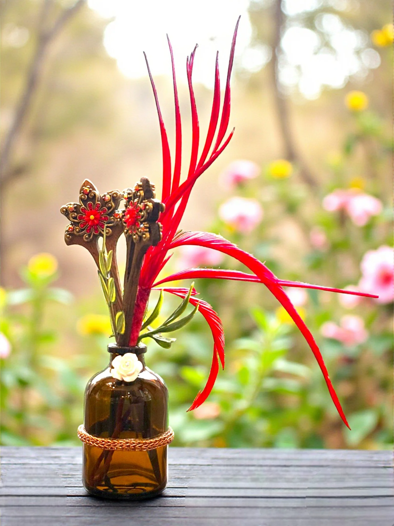 Deluxe Filled Apothecary Bottle with Red Plume Hair Sticks