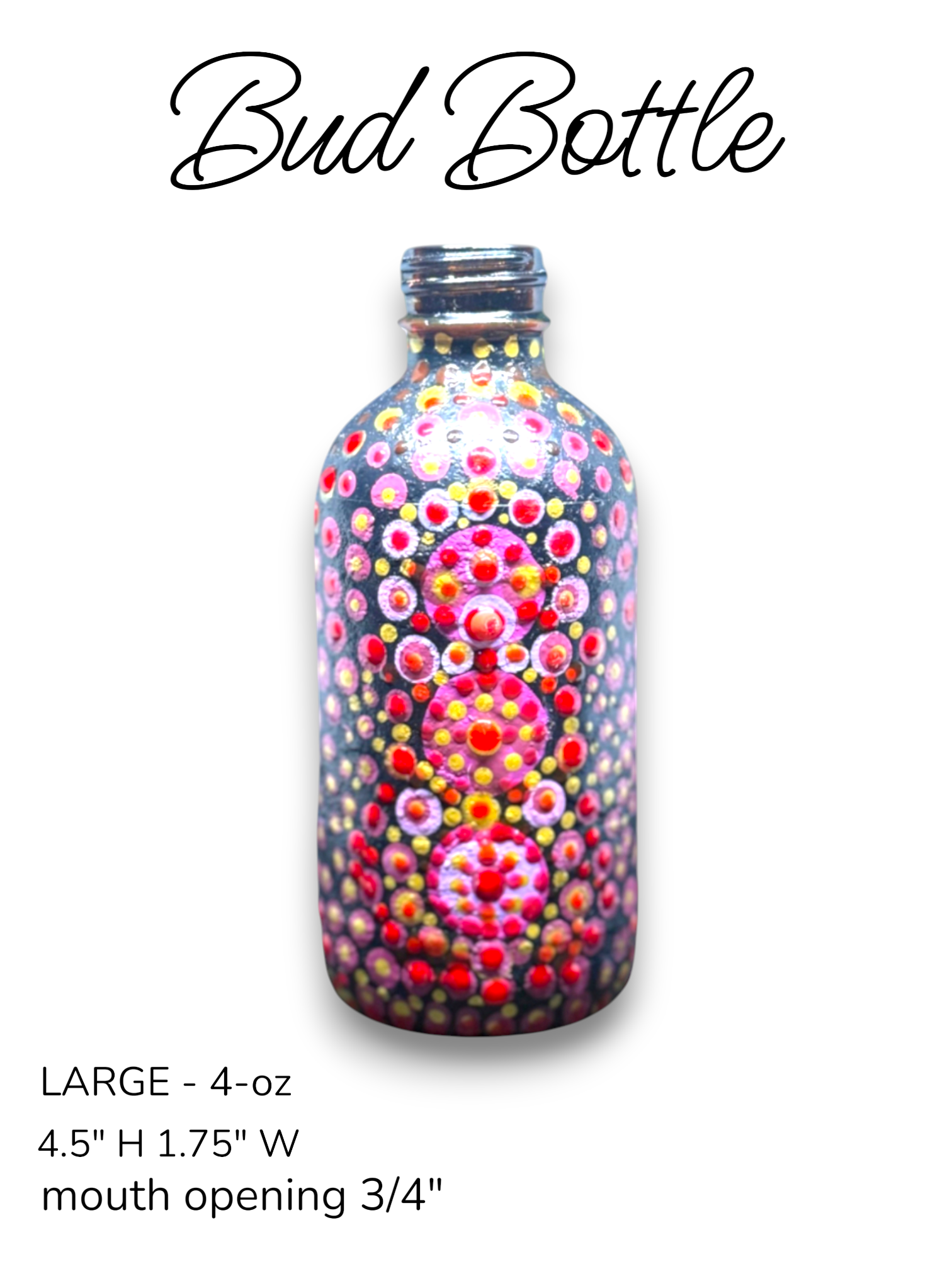 A decorative glass bottle with colorful dot patterns, labeled as a large 4-ounce size with dimensions of 4.5 inches height and 1.75 inches width. The bottle has a 3/4 inch mouth opening.
