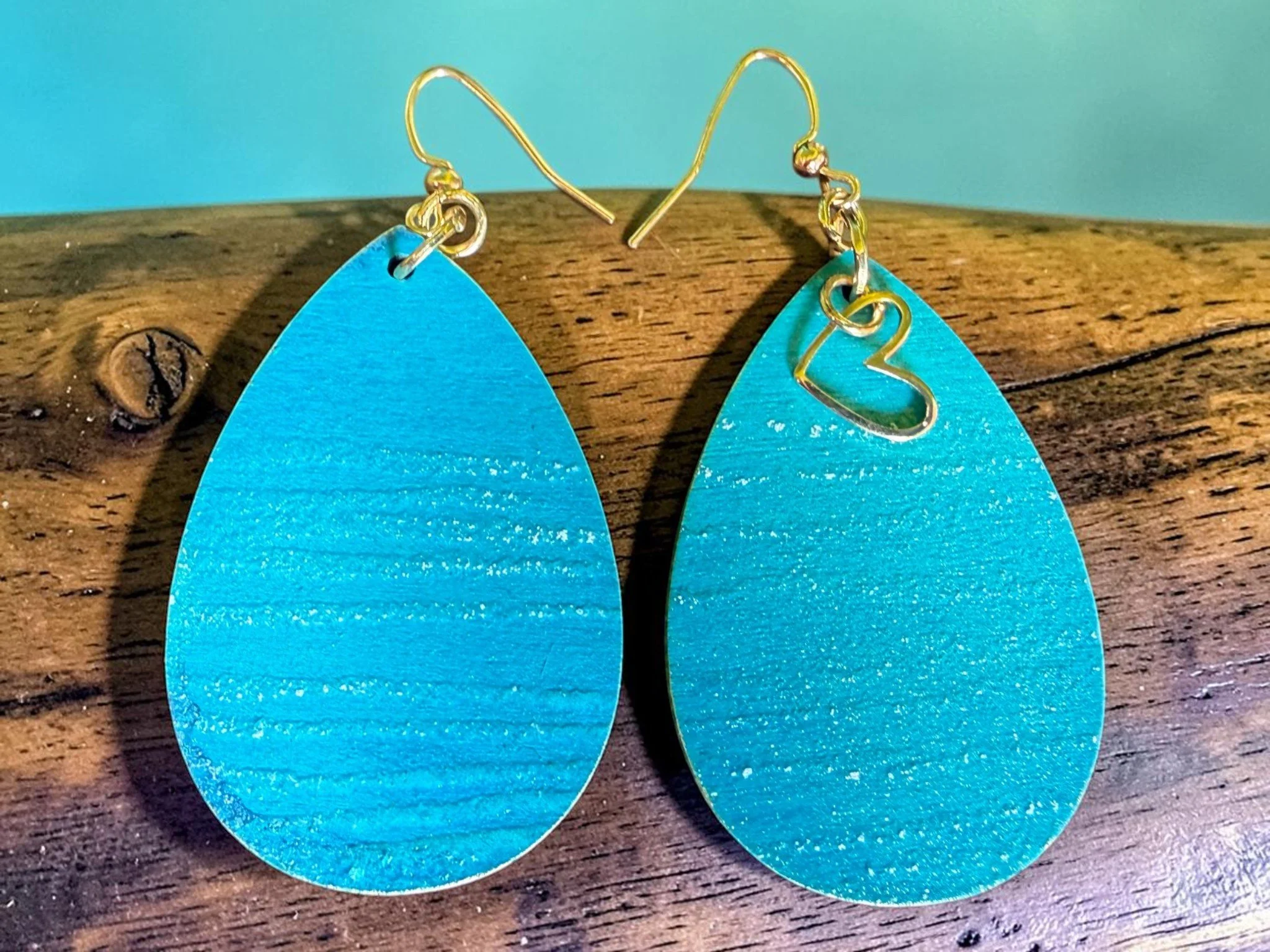 Aqua Heart of Gold Embossed Teardrop Earrings by Color Cult