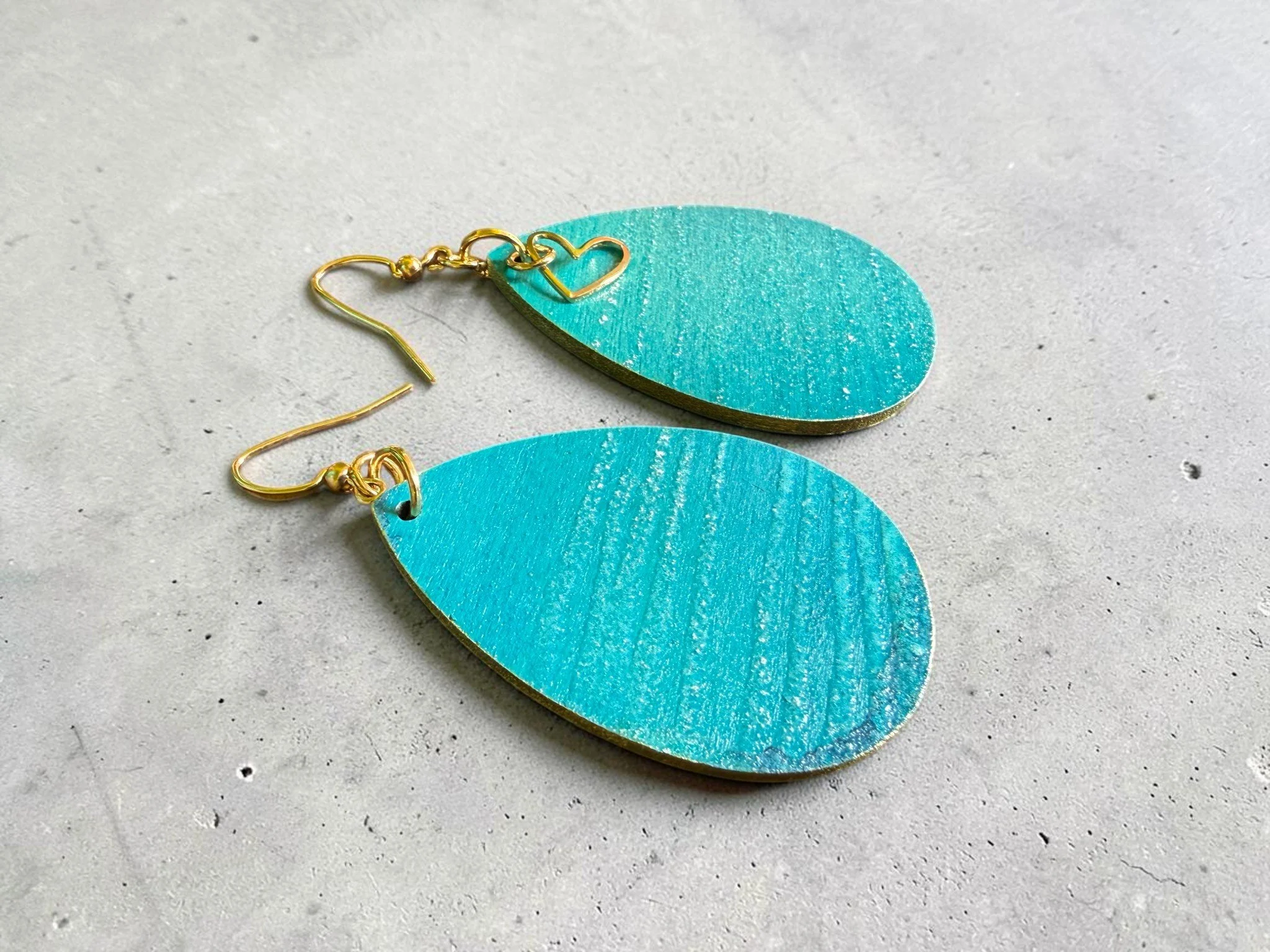 Aqua Heart of Gold Embossed Teardrop Earrings by Color Cult